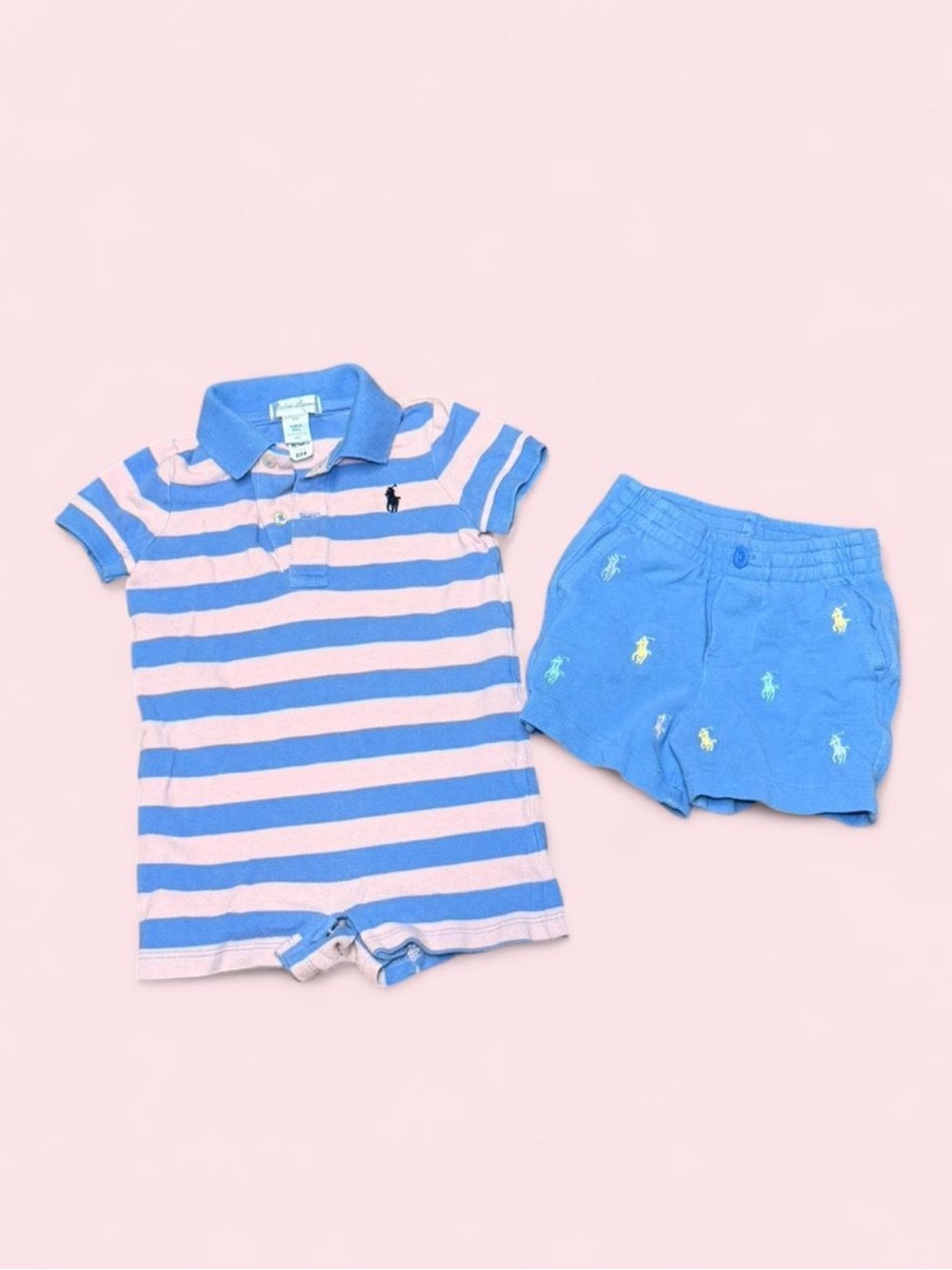 Ralph Lauren Baby Boy 6M Bundle Striped Polo Shortall Pony Shorts Preppy Cotton